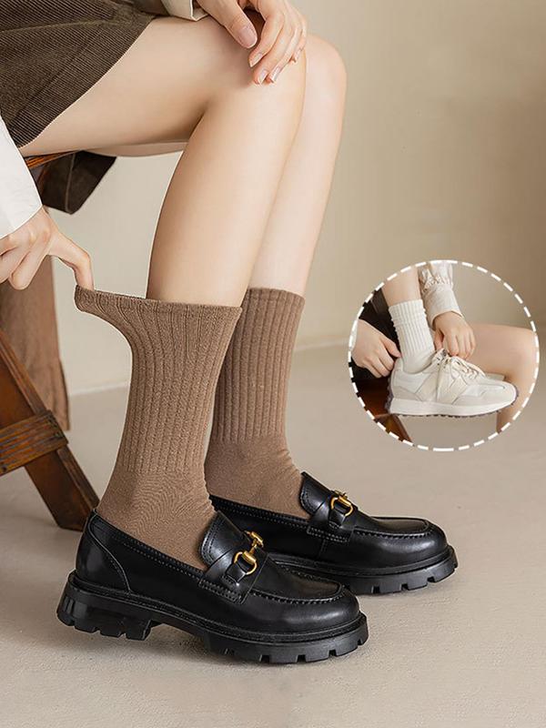 Women's Solid Lettuce Trim Crew Socks, Casual Comfy Breathable Mid-calf Socks for Daily Wear, Women's Socks for All Seasons