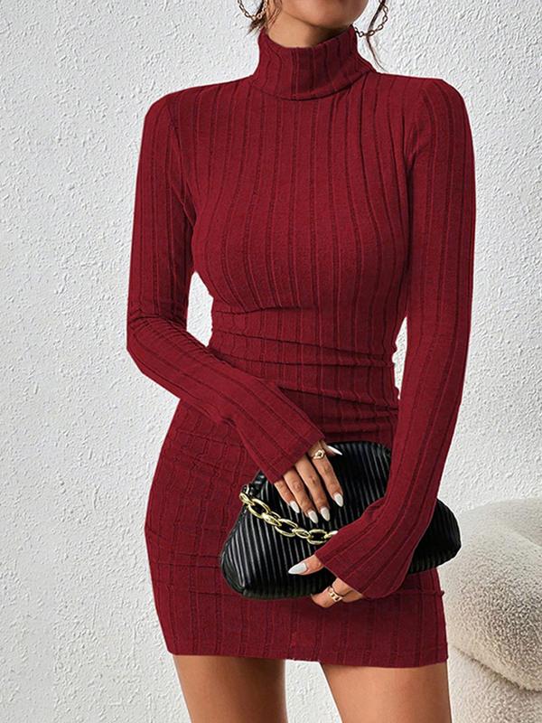 Women's Solid Ribbed Long Sleeve Turtleneck Bodycon Dress,  Vintage Girly Clothes Fashion Casual Mini Dress for Daily Outdoor Wear, Women Dress for Fall & Winter