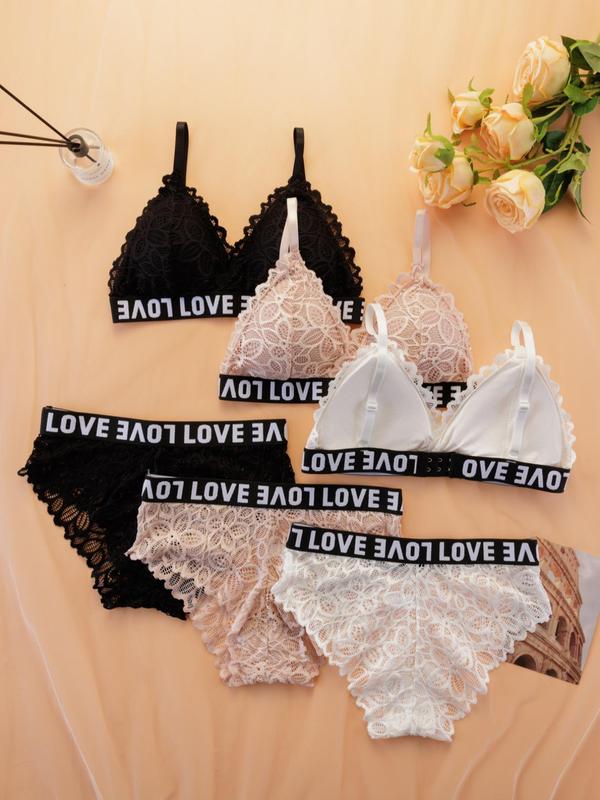 Women's Basic Minimalist Letter Tape Lace Bra Set, Comfort Casual Scallop Trim Wireless Bra & Knicker, Lady Chic Underwear Set, Summer Wear, Lady Underwear Set