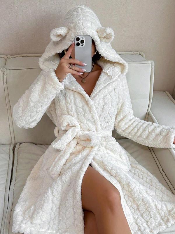 Women's Solid Color Pocket Belted Hooded Fuzzy Bathrobe, Casual Long Sleeve Warm Dressing Gown, Ladies Sleepwear for Fall & Winter