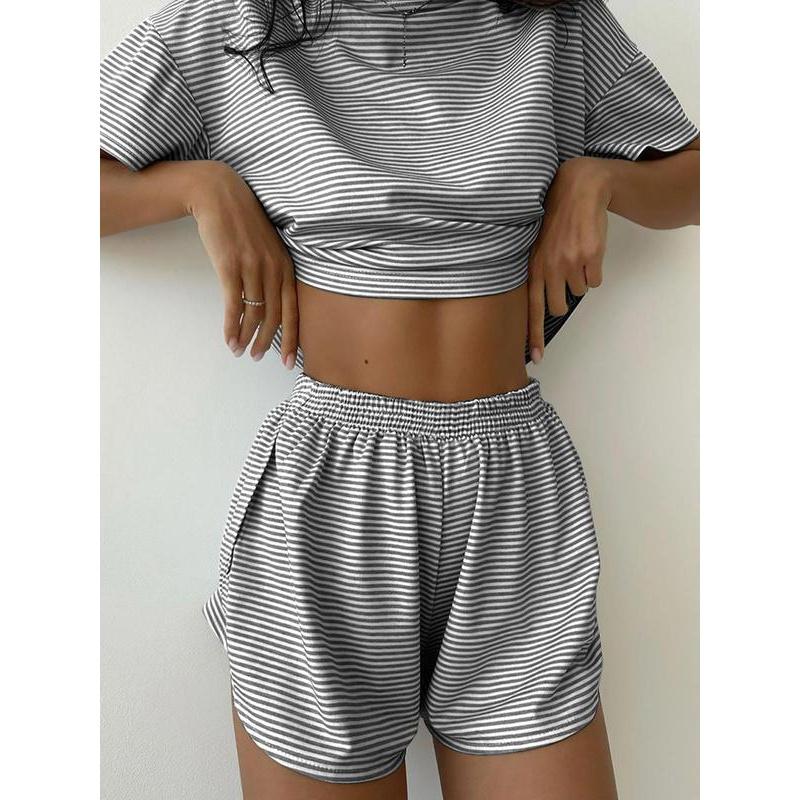 Two-Piece Set Women's Striped Print Drop Shoulder Tee & Wrap Split Shorts Pyjama Set, Comfy Short Sleeve T-shirt & Elastic Waist Shorts Pj Set, Back To School Wear Lounge Sets, Pajama Sets Women, Fall Clothes Loungewear Nightwear