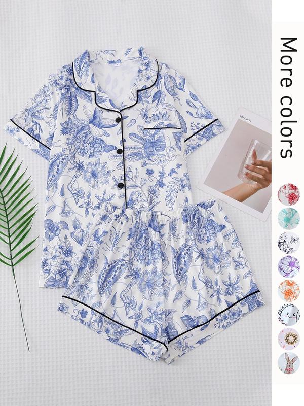 Women's All Over Print Contrast Binding Lapel Shirt & Shorts Pyjama Set, Back To School Button Front Short Sleeve Top & Elastic Waist   Modesty Shorts Pj Lounge Set for Fall, Casual Two-piece Sleepwear Loungewear Co-ord Set for Women Birthday Gifts