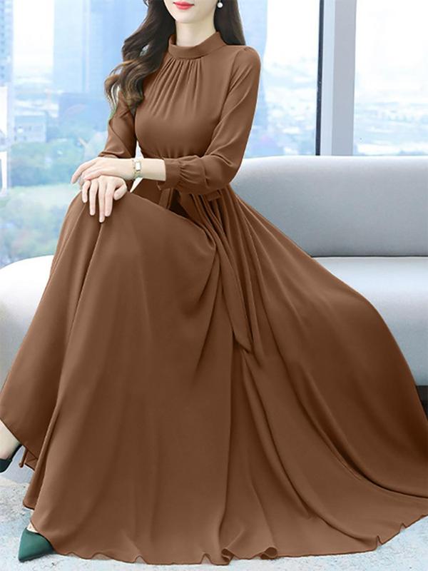 Women's Plain Belted Plicated Bishop Sleeve Dress, Elegant Long Sleeve Stand Collar A Line Dress for Party Holiday Wedding Guest, Ladies Fall & Winter Clothes