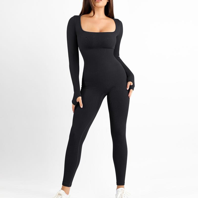 FeelinGirl The Jumpsuit Seamless Thumb Hole Square Neck Long Sleeve Soft Fabric Simple Womenswear