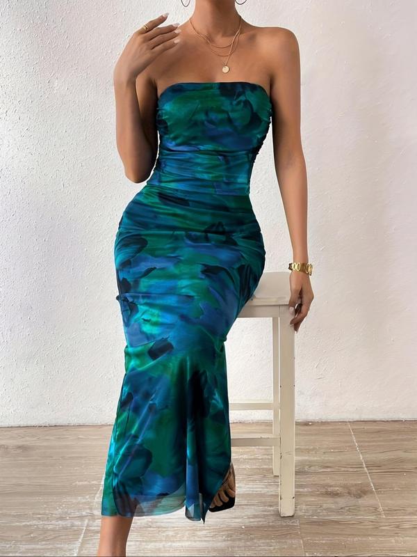 Women's All Over Print Ruched Backless Split Thigh Bodycon Tube Dress,  Women's Clothing, Sundress Maxi Dress, Elegant Sleeveless Long Dress for Summer, Dress in Club, Dresses for Women, Ladies Clothes for Beach Holiday