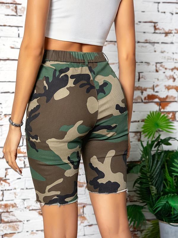 Women's Camo Print Button Pocket Raw Hem Shorts, Lady Casual Comfort Street Zipper Design Shorts for Summer, Ladies Bottoms for Daily Wear, Womenswear