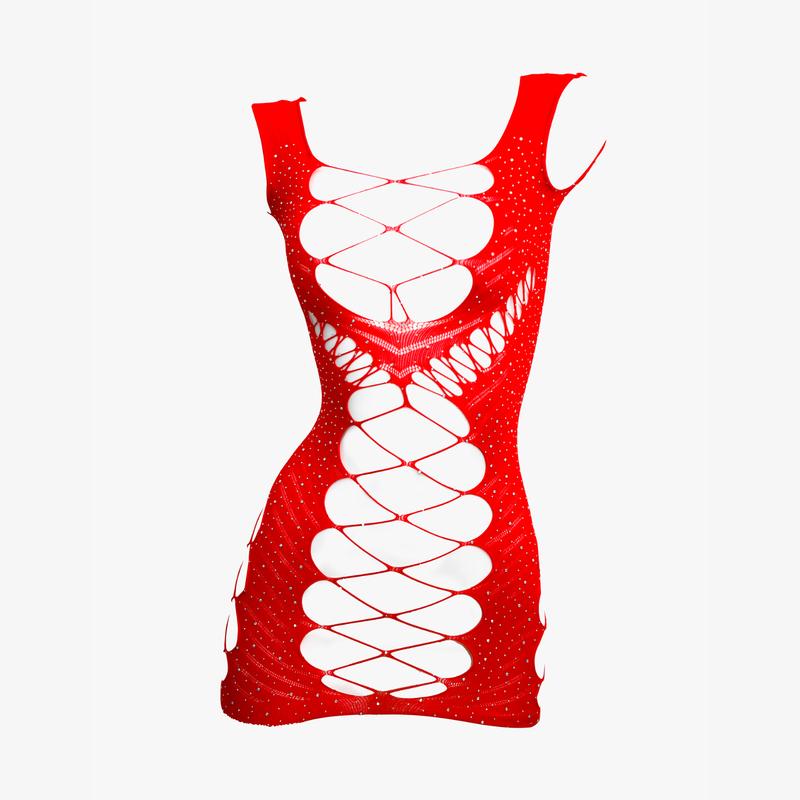 Free Tonight Women’s Red Rhinestone Bodystocking Dress, Elegant Womenswear One Size Fit Most Body Type, Party Sexy Chic Lingerie One Piece Gift