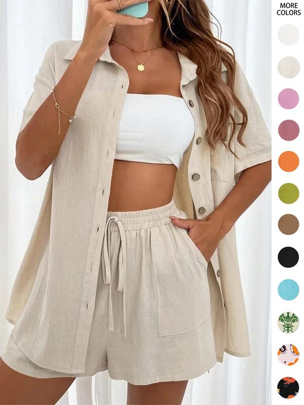 Women's Solid Button Front Shirt & Tie Front Shorts Two-piece Set, Summer Outfits 2024 Sets, Co Ords for Women, Casual Fashion Half Sleeve Drop Shoulder Top & High Waist Wide Leg Shorts Matching Sets for Back To School, Women's Clothes for Summer