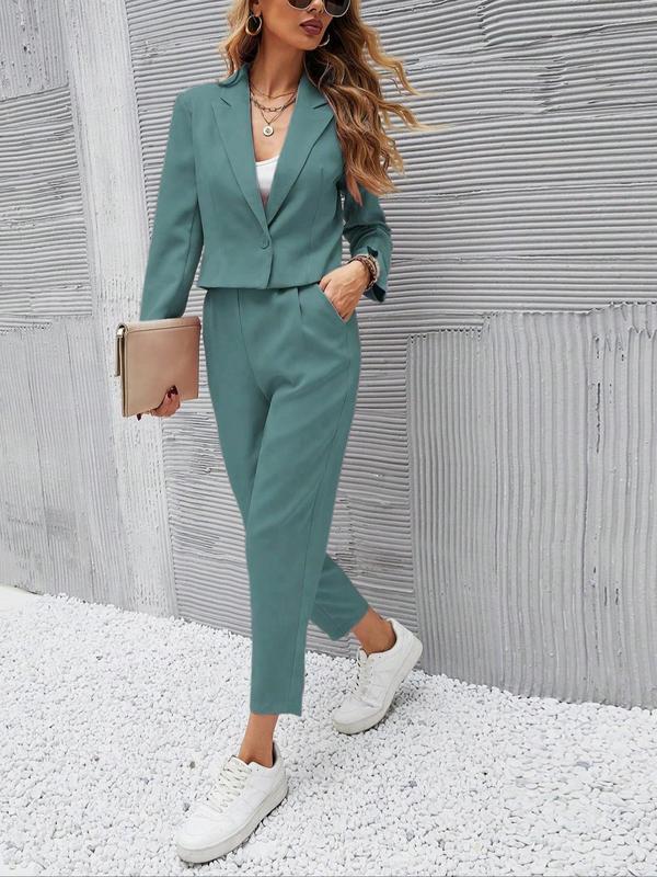 Two-Piece Set Women's Solid Button Front Blazer & Pocket Pants, Casual Lapel Neck Long Sleeve Outerwear & High Waist Trousers for Work Office Business, Ladies Two-piece Outfits for All Seasons