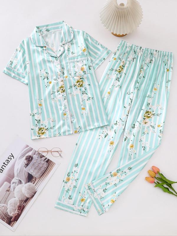 Two Counts @ShopwithJulie Collection Women's Tiger Floral Heart Print Lapel Shirt & Elastic Waist Pants Pyjama Set, Casual Button Front Drop Shoulder Top & Trousers PJ Set, Summer Wear 2024, Ladies Sleepwear for Summer