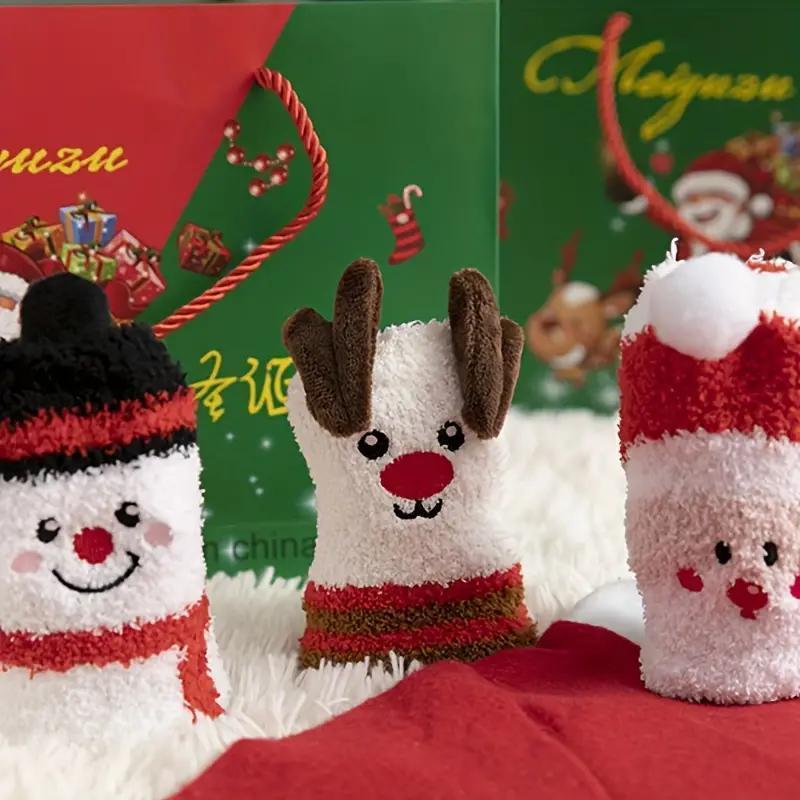 Christmas Themed Socks, 3 Pairs Cute Cartoon Reindeer & Santa Claus & Snowman Pattern Socks, Warm Floor Socks, Sleep Socks, Party Supplies