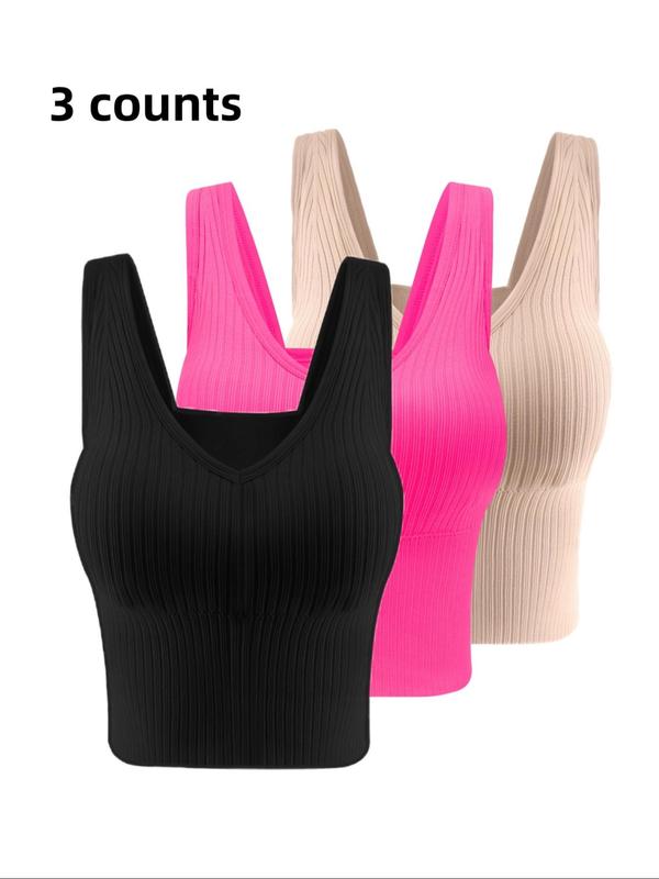 Women's Solid Ribbed V Neck Crop Tank Top with Removable Chest Pad Design, Crop Tops, Casual Breathable Comfortable Sleeveless Cropped Top for Daily Wear,  Cute Crop Tops,  Ladies Clothes for All Seasons