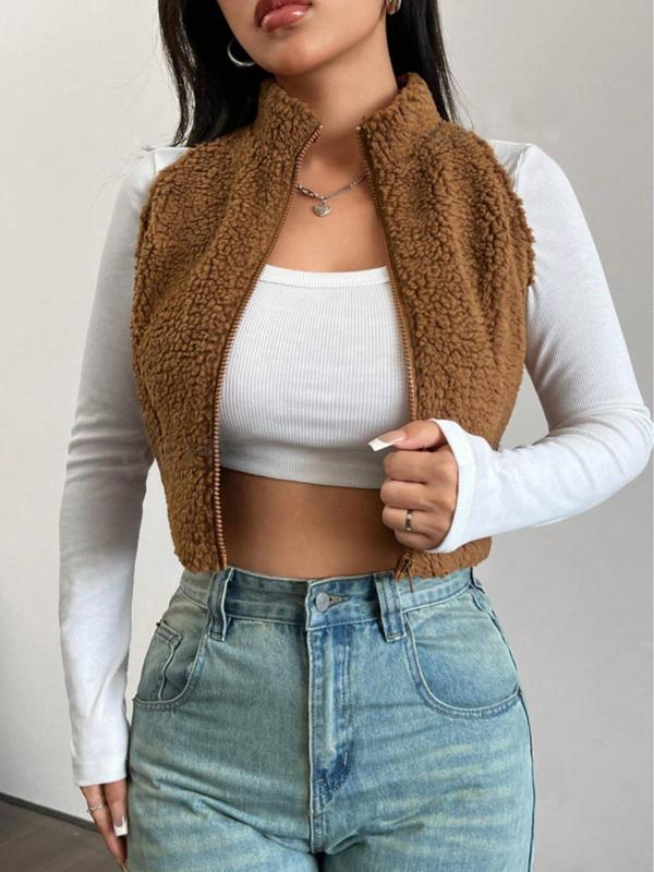 Women's Solid Funnel Neck Zip Up Crop Vest Jacket, Casual Plush Waistcoat for Women for Fall & Winter, Women's Clothing for Daily Wear, Fall Outfits, Fallfreshness Clothes