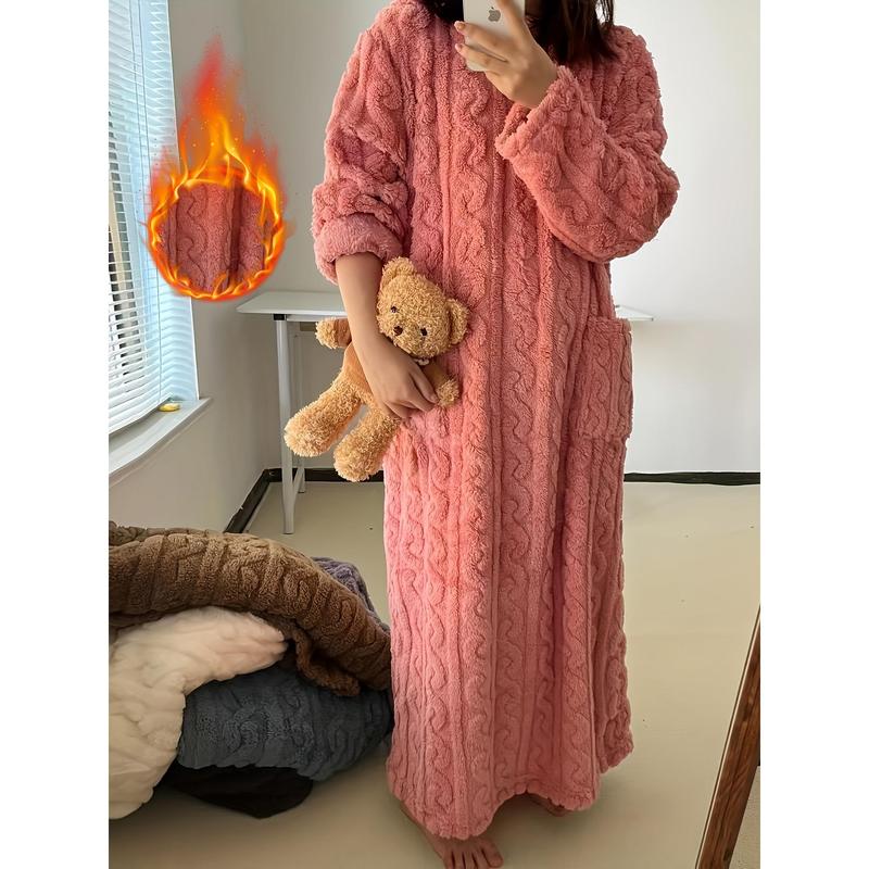 1pc Women'S Long Coral Velvet Sleeping Gown, Winter Cozy Warm Pajama Robe with Pockets, Thickened High-Density Fabric, Solid Color, Casual Style, Adult Home Wear