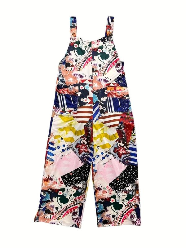 Women's Patchwork Print Pocket Button Cami Jumpsuit, Jumpsuit for Women, Boho Casual Adjustable Strap Wide Leg Jumpsuit for Beach Holiday Vacation, Ladies Summer Clothes