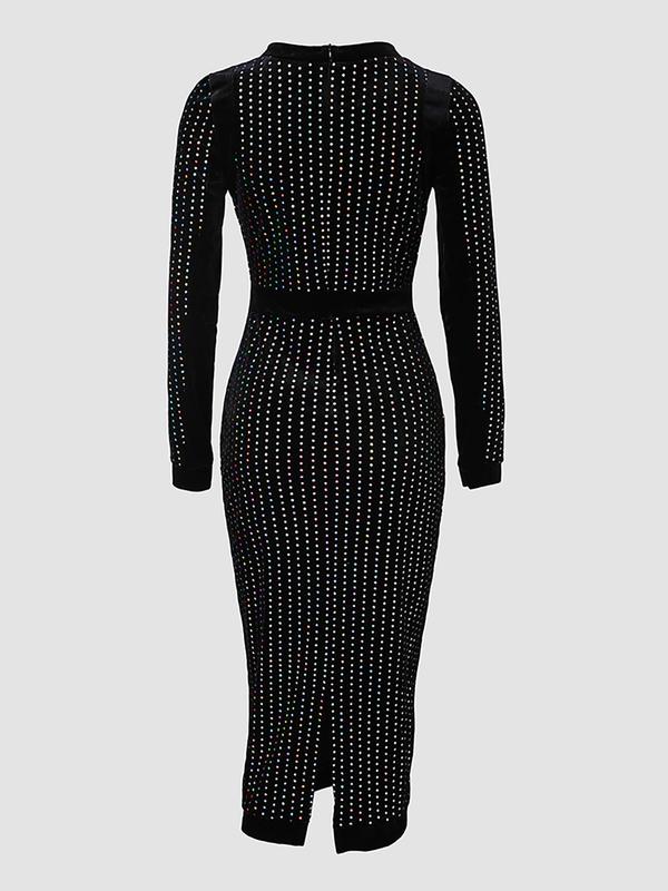 Women's Glitter Sequins Split Hem Bodycon Dress, Elegant Long Sleeve Round Neck Midi Dress for Party Club Dating Wear, Women's Clothing for Fall & Winter