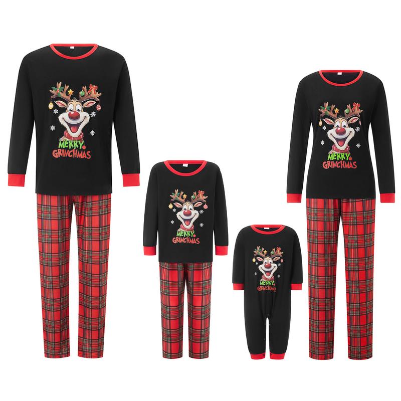 Family Christmas Pajamas Matching Sets PJ's Christmas Elk Print Long Sleeve Tops Elastic Plaid Pants Sleepwear Loungewear