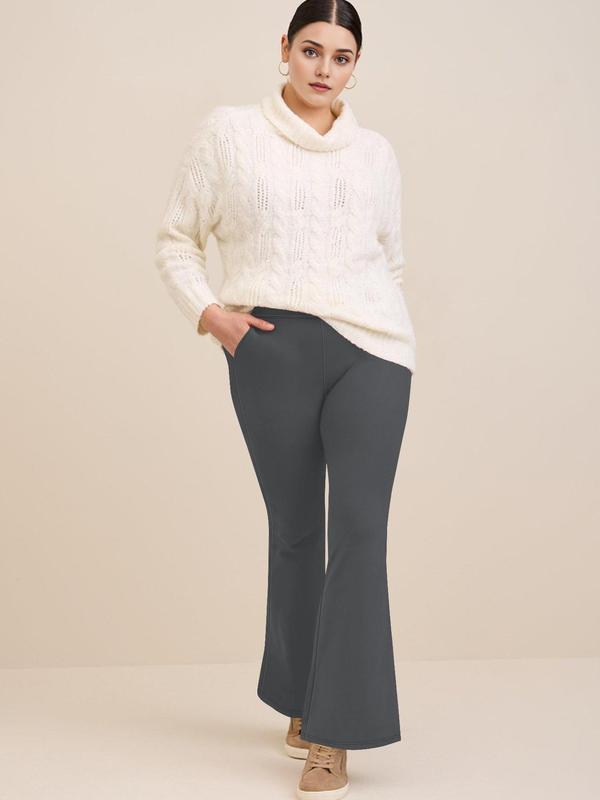  Solid High Waist Flare Leg Pants, Casual Comfy Pocket Trousers for Daily Wear, Women's Bottoms for All Seasons