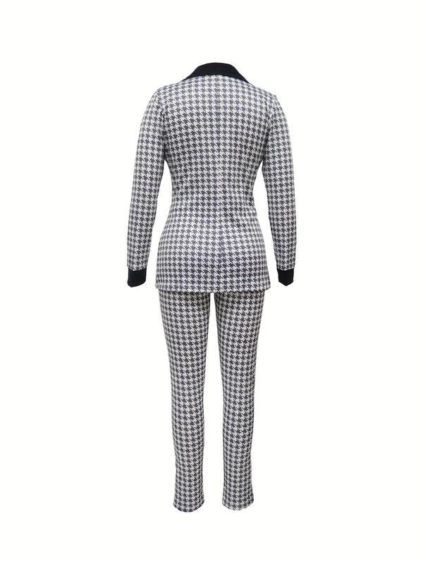 Two-Piece Set Women's Houndstooth Print Zipper Lapel Neck Blazer & Elastic Waist Skinny Pants, Fall Matching Sets, Elegant Fashion Casual Outfits for Work Office Business, Ladies Clothes for All Seasons