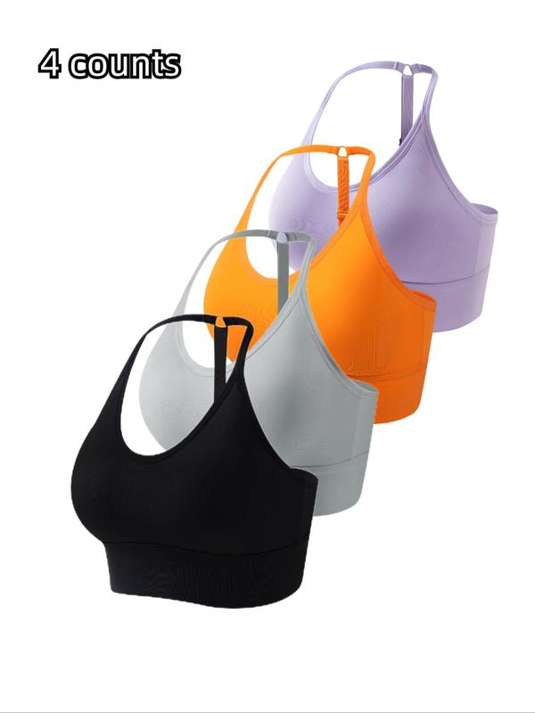 Women's 4pcs Plain Adjustable Strap Ring Linked Wireless Bra, Casual Comfortable Breathable Backless Bralette Lingerie for Daily Wear, Underwear for Women