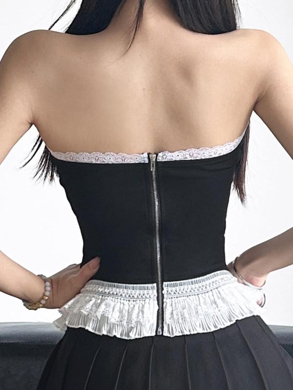 Women's Contrast Lace Frill Trim  Zipper Back Crop Tube Top, Y2k Fashion Casual Strapless Bustier Top for Daily Outdoor Wear, Women Top Clothes for Summer