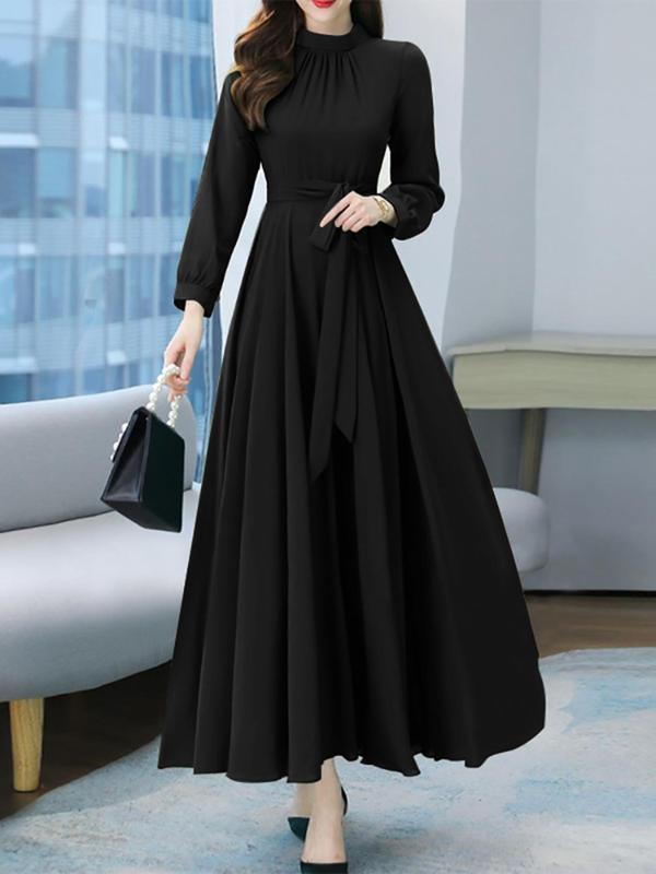 Women's Plain Belted Plicated Bishop Sleeve Dress, Elegant Long Sleeve Stand Collar A Line Dress for Party Holiday Wedding Guest, Ladies Fall & Winter Clothes