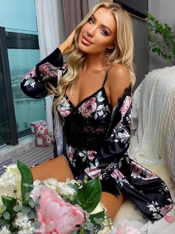 Women's Floral Print Contrast Lace Robe without Pyjamas Set, Chic Flounce Sleeve Belted Dressign Gown, Ladies Sleepwear For Spring & Fall