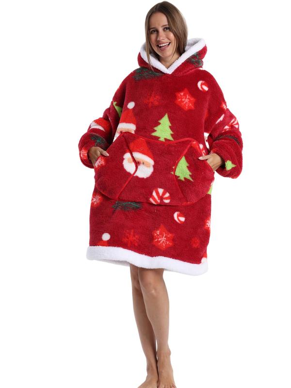 Women's Christmas Themed All Over Print Drop Shoulder Hooded Lounge Dressing Gown, Casual Long Sleeve Pocket Design Flannel Dressing Gown, Ladies Sleepwear for Fall & Winter