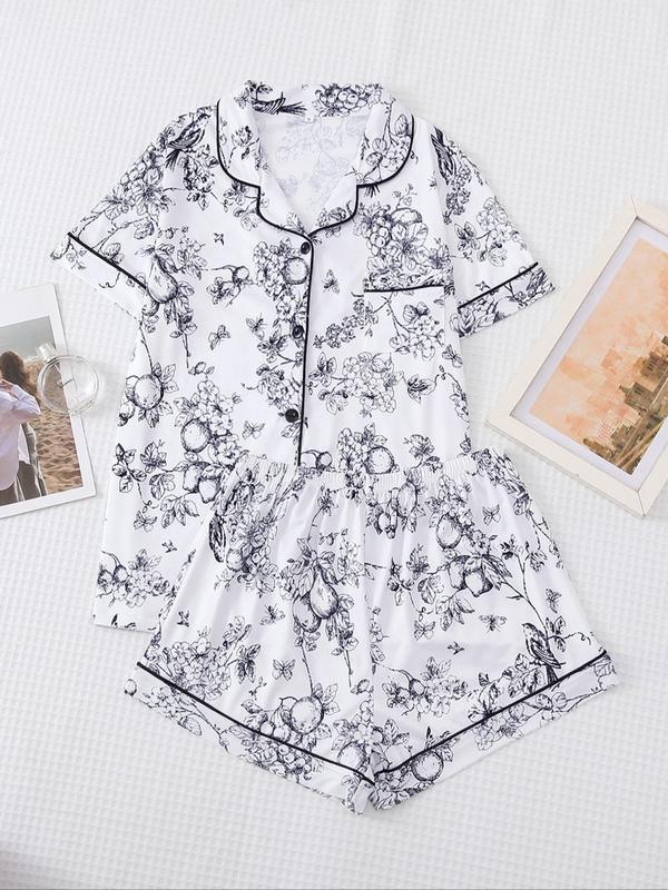 Women's All Over Print Contrast Binding Lapel Shirt & Shorts Pyjama Set, Back To School Button Front Short Sleeve Top & Elastic Waist   Modesty Shorts Pj Lounge Set for Fall, Casual Two-piece Sleepwear Loungewear Co-ord Set for Women Birthday Gifts