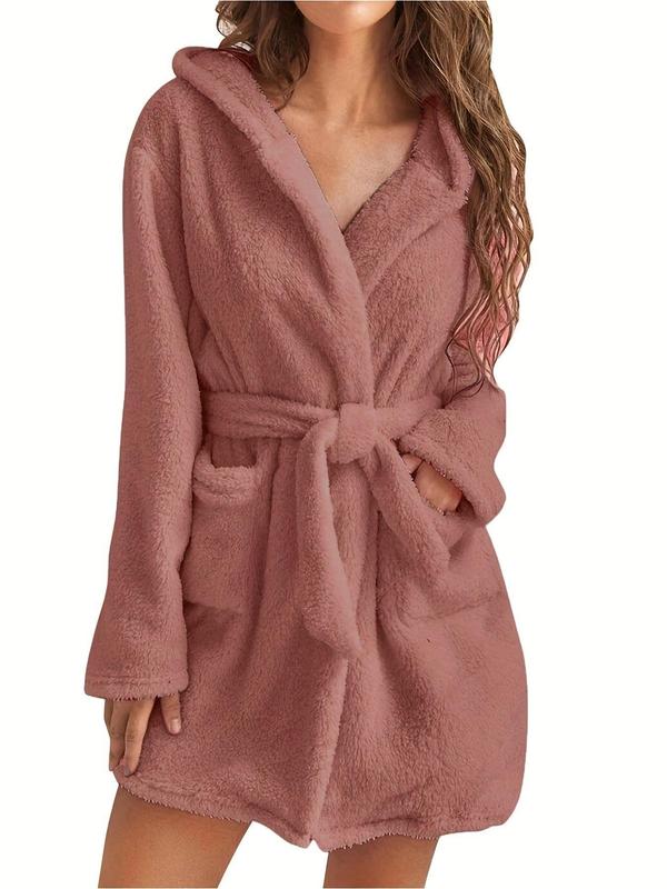 Women's Solid Belted Wrap Pocket Lounge Robe, Casual Long Sleeve Bedroom Drop Shoulder Bathrobe, Ladies Sleepwear for Fall & Winter