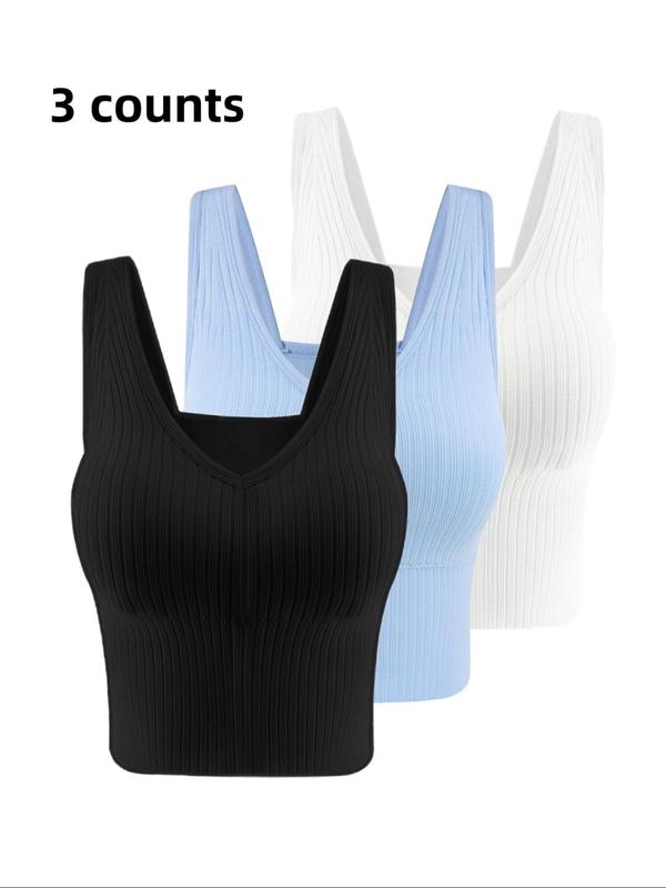 Women's Solid Ribbed V Neck Crop Tank Top with Removable Chest Pad Design, Crop Tops, Casual Breathable Comfortable Sleeveless Cropped Top for Daily Wear,  Cute Crop Tops,  Ladies Clothes for All Seasons