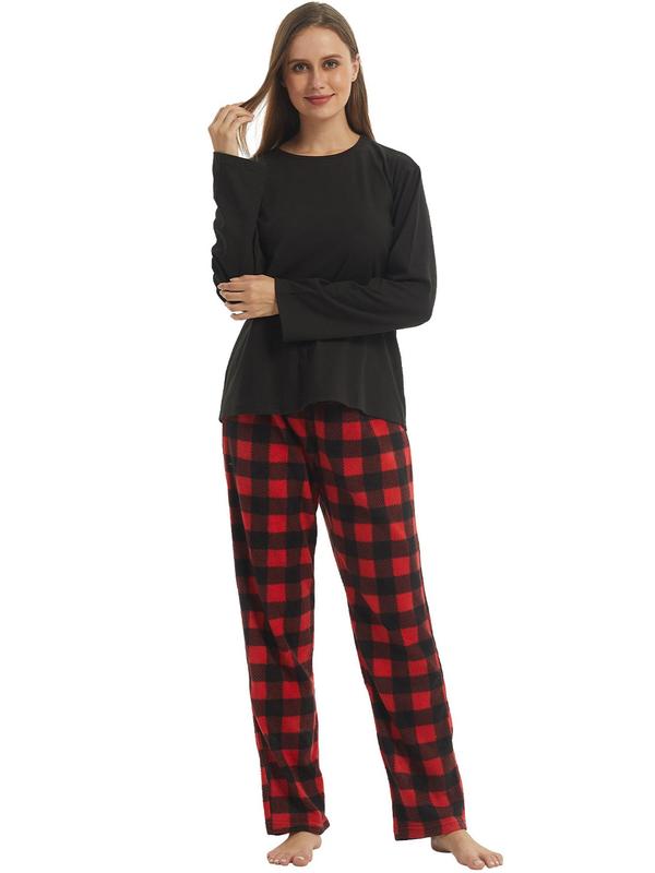 Christmas Couple's Solid Round Neck Sleep Top & Plaid Print Pocket Drawstring Sleep Pants, Casual Comfy Long Sleeve Top &  Elastic Waist Trousers for Daily Wear, Soft Comfy Sleepwear for Spring & Fall