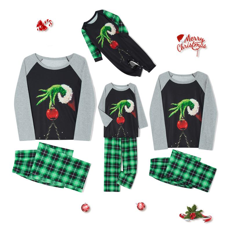 Christmas Family Pajamas Matching Set, Long Sleeve Elf Hand Print Tops with Plaid Pants Sleepwear Loungewear Crewneck Womenswear Clothing Light