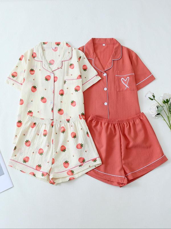 Women's All Over Strawberry Print Contrast Binding Button Front Shirt & Elastic Waist Shorts Cute Nightwear Loungewear Set, Casual Soft Comfortable Pocket Lapel Collar Top & Shorts PJ Set, Ladies Summer Sleepwear, Summer Wear 2024