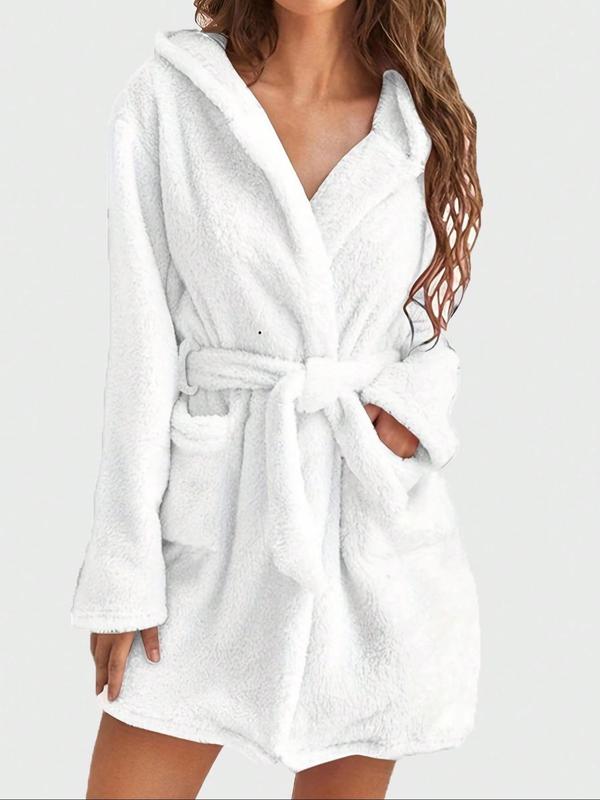 Women's Solid Belted Wrap Pocket Lounge Robe, Casual Long Sleeve Bedroom Drop Shoulder Bathrobe, Ladies Sleepwear for Fall & Winter