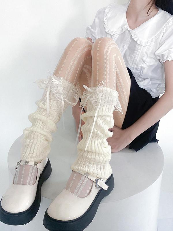 Women's Cute Bow Decor Contrast Lace Ruffle Leg Warmers, Korean Outfits, 1 Pair Fashion Romantic Leg Warmers for Daily Wear, Women's Socks for All Seasons, Korean Streetwear