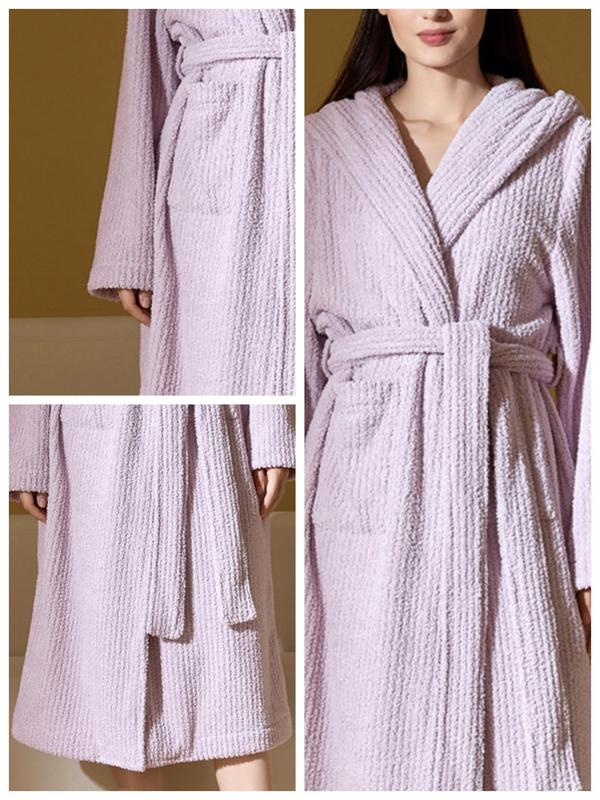 Women's Solid Belted Pocket Hooded Coral Fleece Bathrobe, Casual Long Sleeve Open Front Robe, Ladies Fall & Winter Sleepwear