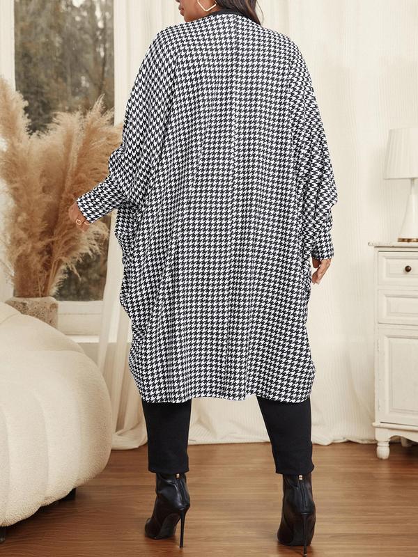 Black Friday Deals CURVZY Plus Size Houndstooth Print Batwing Sleeve Open Front Jacket, Casual Long Sleeve Outerwear for Daily Wear, Christmas 2024 Trend,Thanksgiving Clothing,Fall Clothing,Winter Clothing