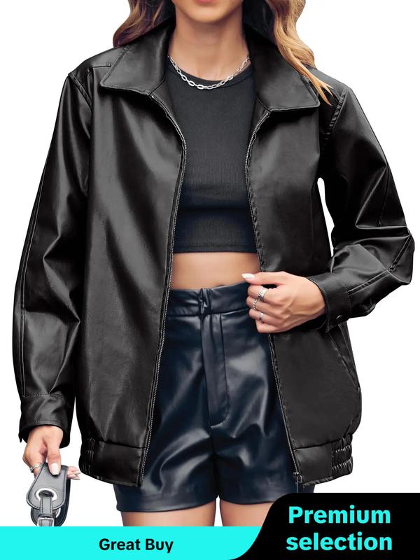 Women's Solid Pocket Zip Up Pu Leather Jacket, Street Fashion Long Sleeve Collared Outerwear for Daily Outdoor Wear,  Winter Clothes Women, Ladies Clothes for Fall & Winter, Comfort Coats for School Downtown Girl Clothes