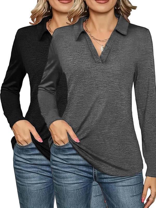 Women's Solid Color Long Sleeve Polo Shirt, Casual Collared Top for Fall & Winter, Ladies Clothes for Daily Wear