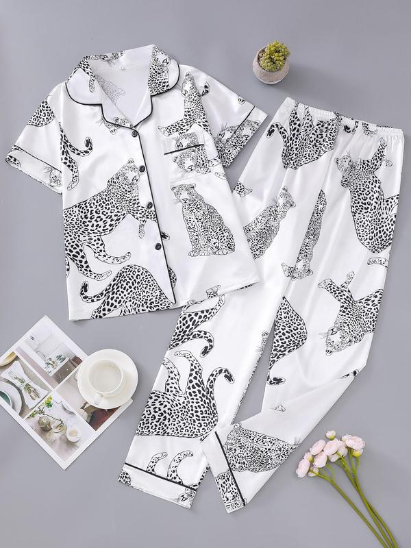 Two Counts @ShopwithJulie Collection Women's Tiger Floral Heart Print Lapel Shirt & Elastic Waist Pants Pyjama Set, Casual Button Front Drop Shoulder Top & Trousers PJ Set, Summer Wear 2024, Ladies Sleepwear for Summer