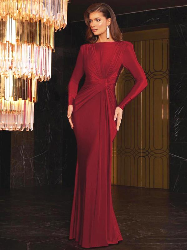 Women's Plain Twist Ruched Mermaid Dress, Elegant Boat Neck Long Sleeve Evening Party Gown, Ladies Fall & Winter Clothes