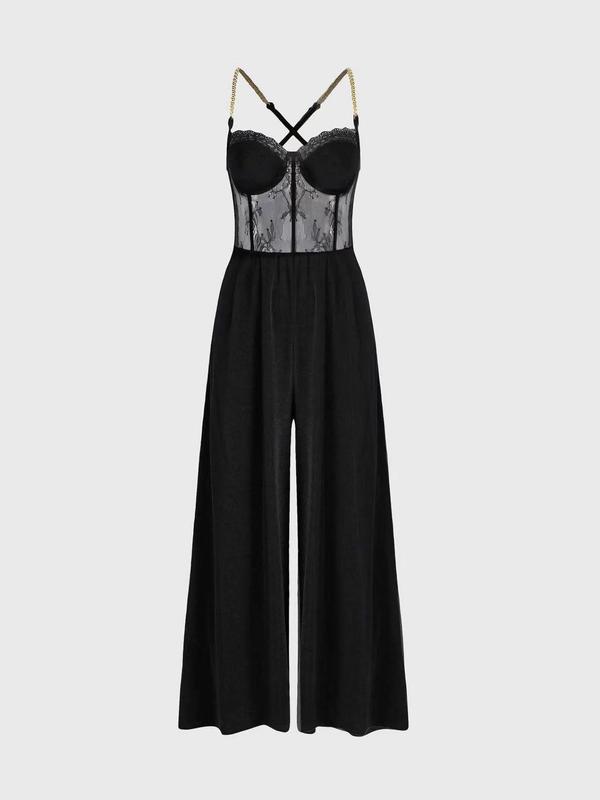 Women's Contrast Mesh Criss Cross Cami Jumpsuit, Solid Chain Linked  Wide Leg Jumpsuit for Vacation Holiday Party, Ladies Clothes for All Seasons