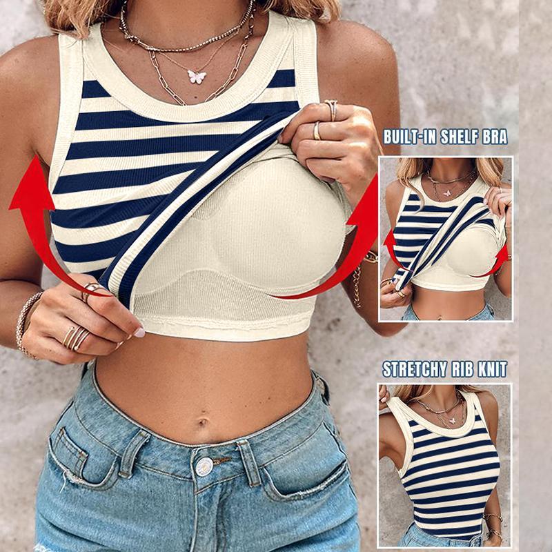 Chicme Round Neck Built-in Bra Ribbed Tank Top Casual Comfort