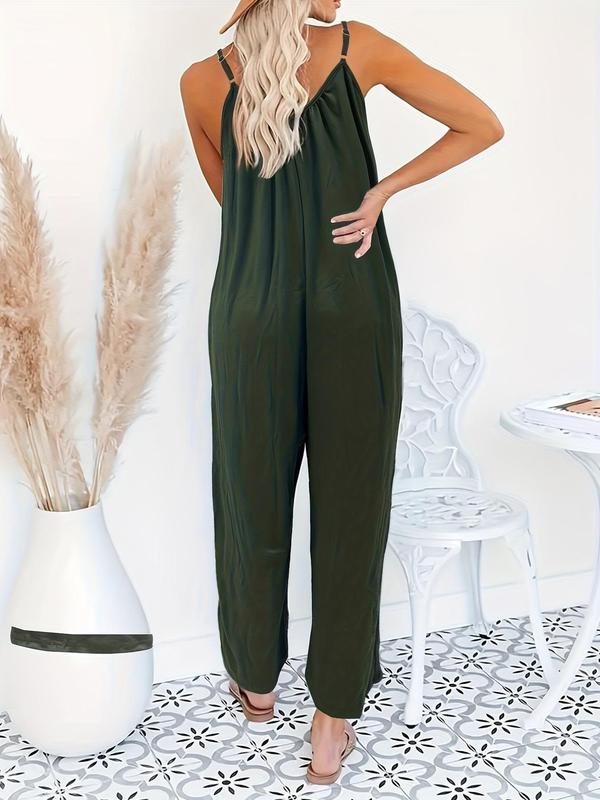  Solid Color Backless Pocket Cami Jumpsuit, Casual Adjustable Strap Jumpsuit for Beach Holiday Vacation, Women's Clothing for All Seasons