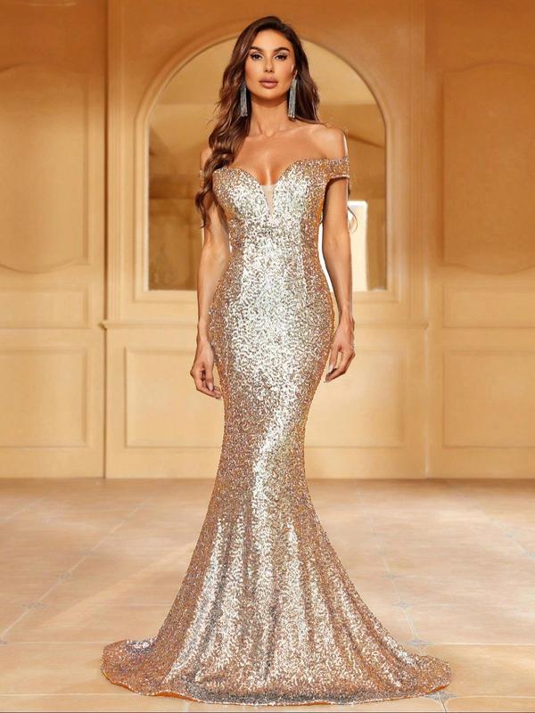 Women's Glitter Sequin One Shoulder Lace Up Mermaid Evening Dress, Elegant Formal Wear, Backless Short Sleeve Maxi Dress for Evening Party Gown, Ladies' Clothes for All Seasons