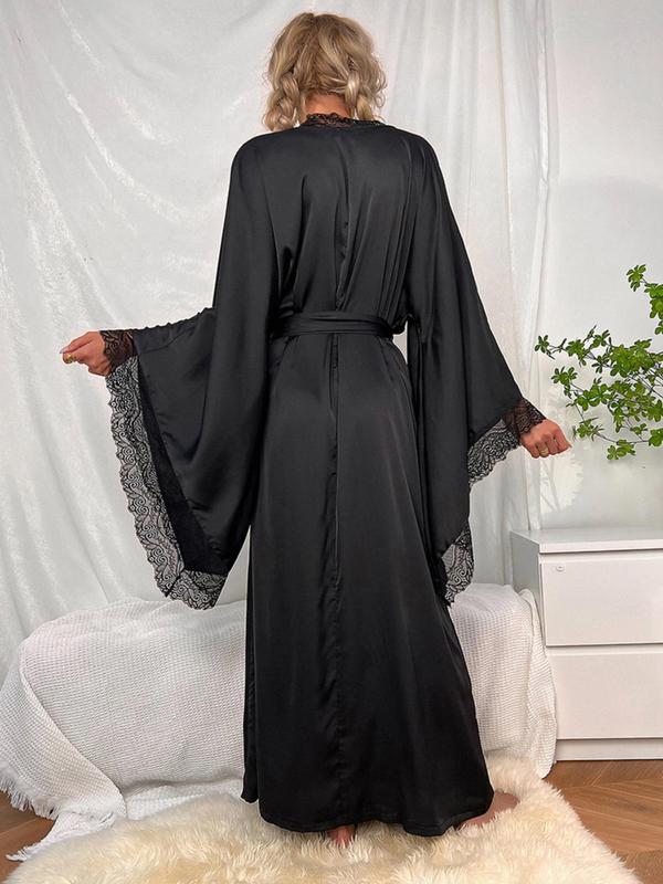 Women's Contrast Lace Belted Robe, Girl Nightwear, Soft Satin Dressing Gown for Ladies, Kimono Sleeve Wrap Robe with Belt, Bride Robes for Wedding Bridal Party