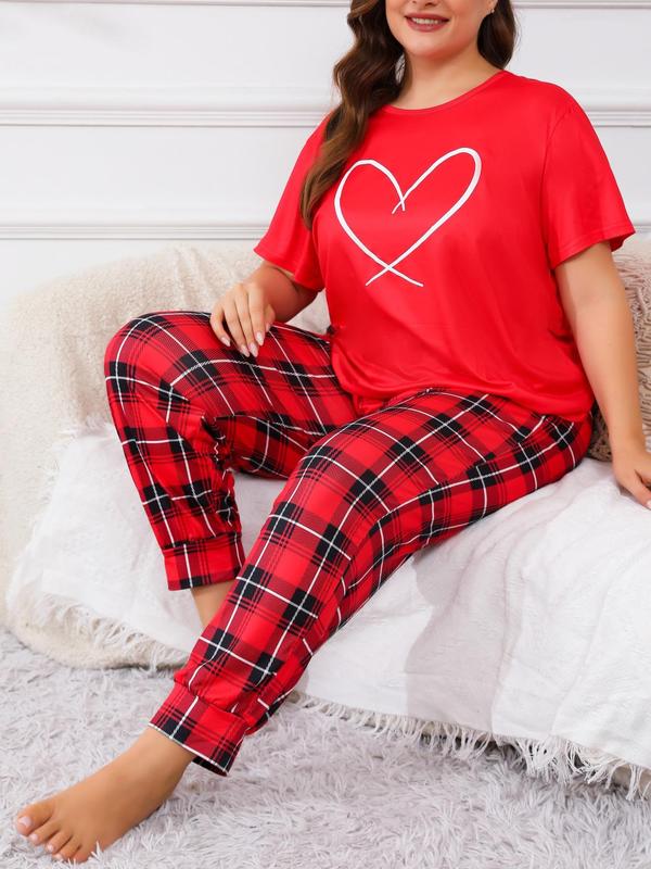  Two-piece Set Heart Print Short Sleeve Tee & Plaid Print Pants Pyjama, Casual Comfy Round Neck T-shirt & Trousers Pj Set, Women's Sleepwear for All Seasons