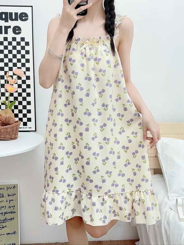 Women's Floral Print Bow Front Frill Trim Ruffle Hem Nightdress, Cute Sweet Soft Comfy Sleeveless Nightgown,  Women's Sleepwear for All Seasons