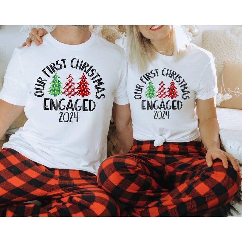 Couples Christmas Pajamas,  Xmas Couples Engaged Shirts, Xmas Couple First Christmas Pajamas, His and Hers Matching Engaged Xmas Shirts Christmas Gifts.